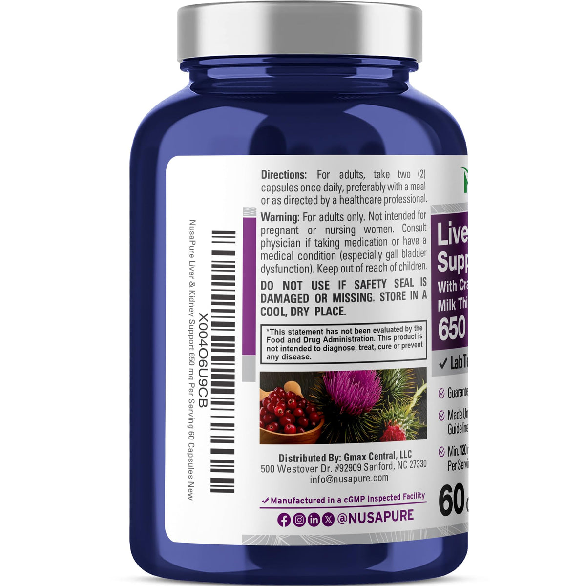 NusaPure Liver & Kidney Support with Cranberry Fruit & Milk Thistle Extract 650 mg 60 Capsules Non-GMO Soyfree Dietary Supplement
